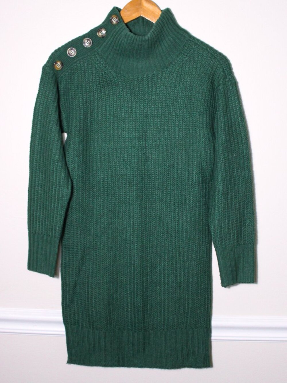 Full Circle Button Detail Mockneck Turtleneck Knit Sweater Dress Green Size S